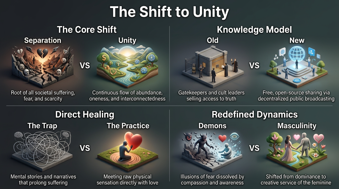 Slide 1 — The Shift to Unity: separation versus unity across knowledge, healing, dark energies, and masculinity.