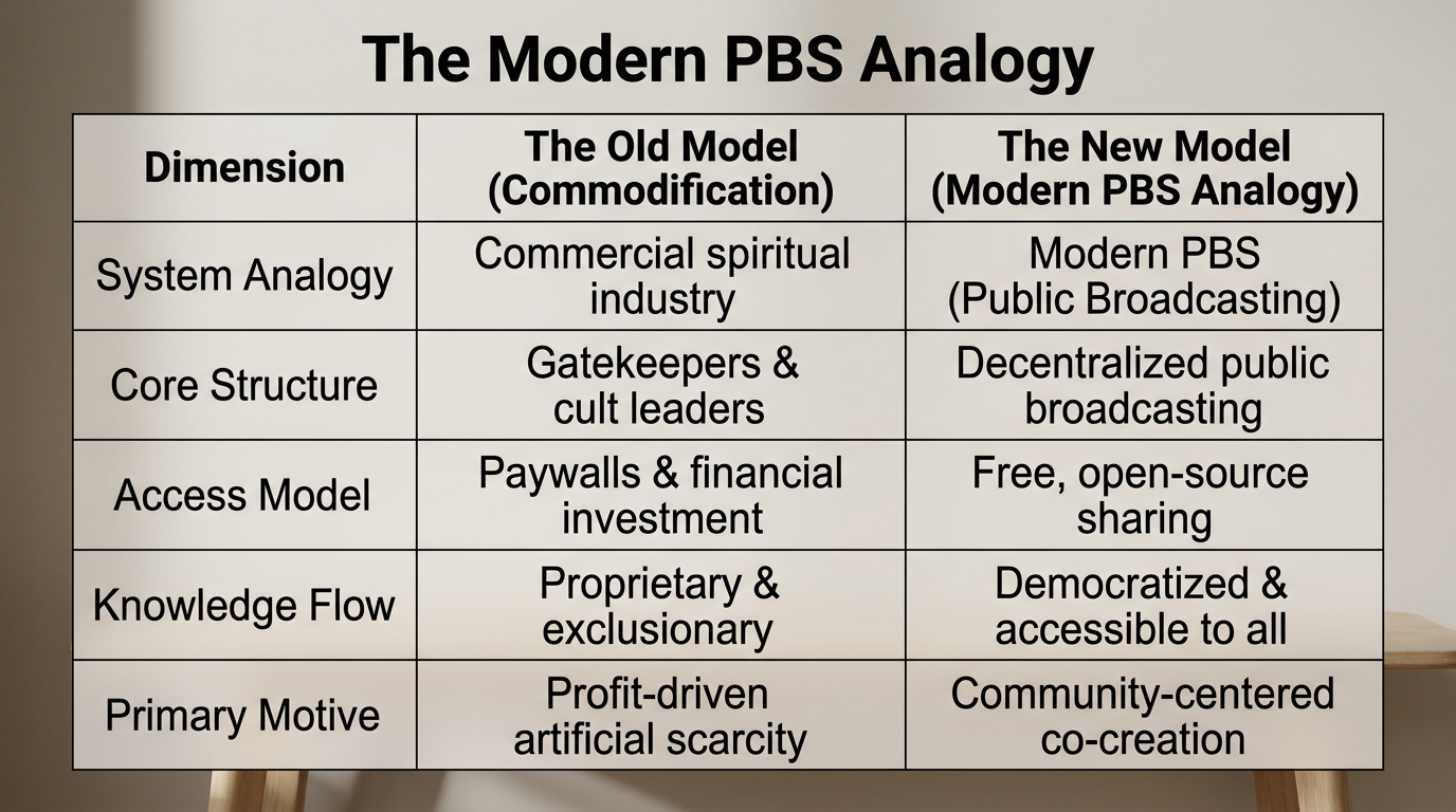 Slide 2 — The Modern PBS Analogy: a commercial spiritual industry versus a free public-broadcasting commons.