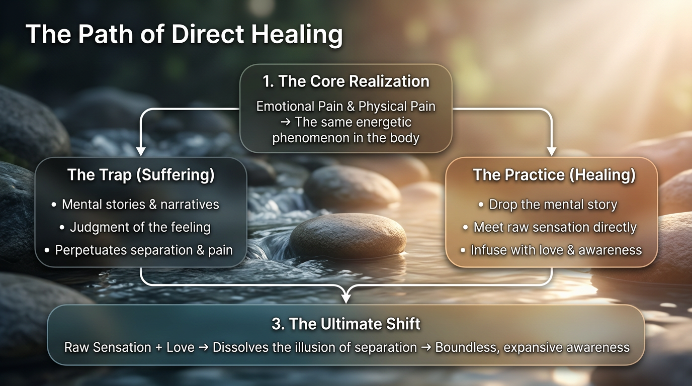 Slide 3 — The Path of Direct Healing: emotional and physical pain as one sensation, met directly.