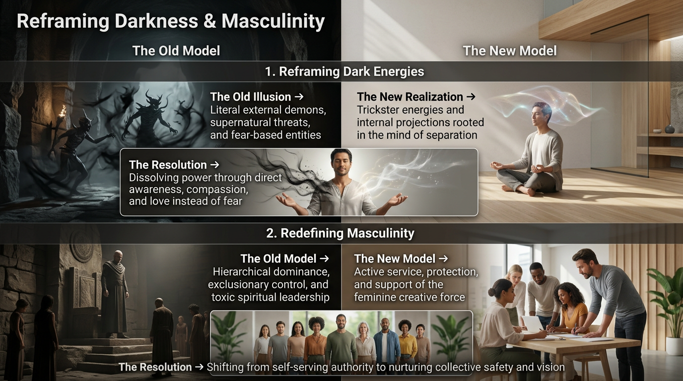 Slide 4 — Reframing Darkness and Masculinity: dark energies as inner projections; a masculine shifting from dominance to support.