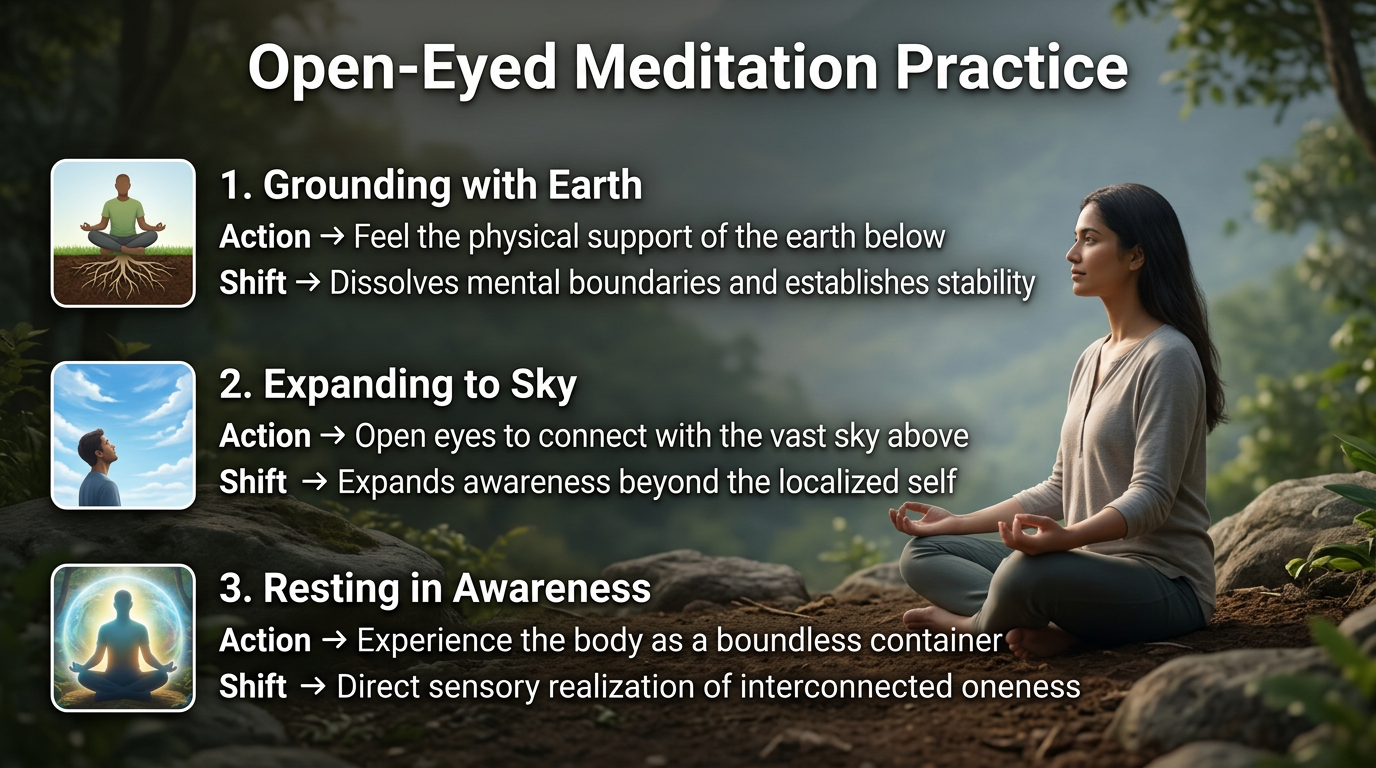 Slide 5 — Open-Eyed Meditation Practice: grounding with earth, expanding to sky, resting in awareness.