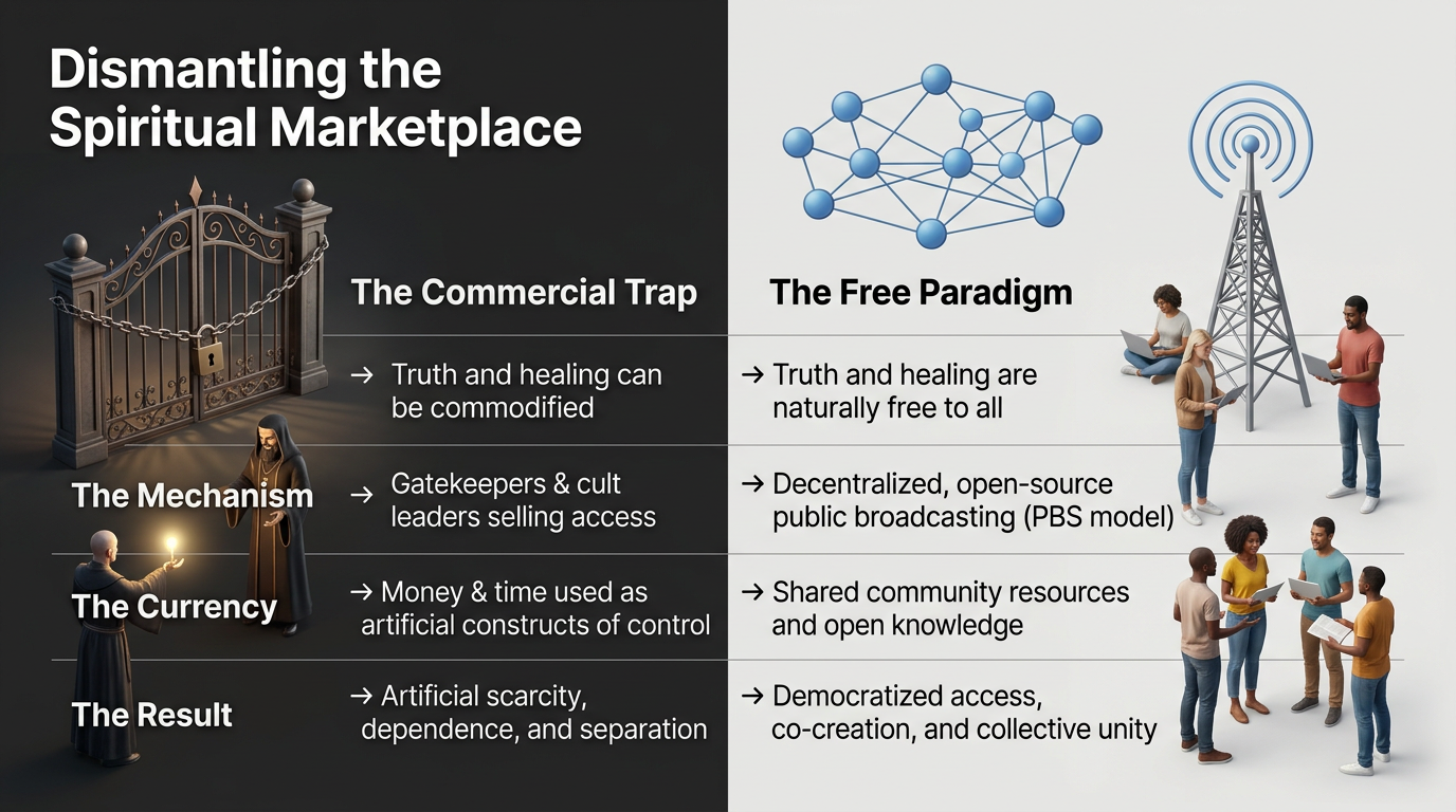Slide 6 — Dismantling the Spiritual Marketplace: selling access versus freely shared truth and healing.