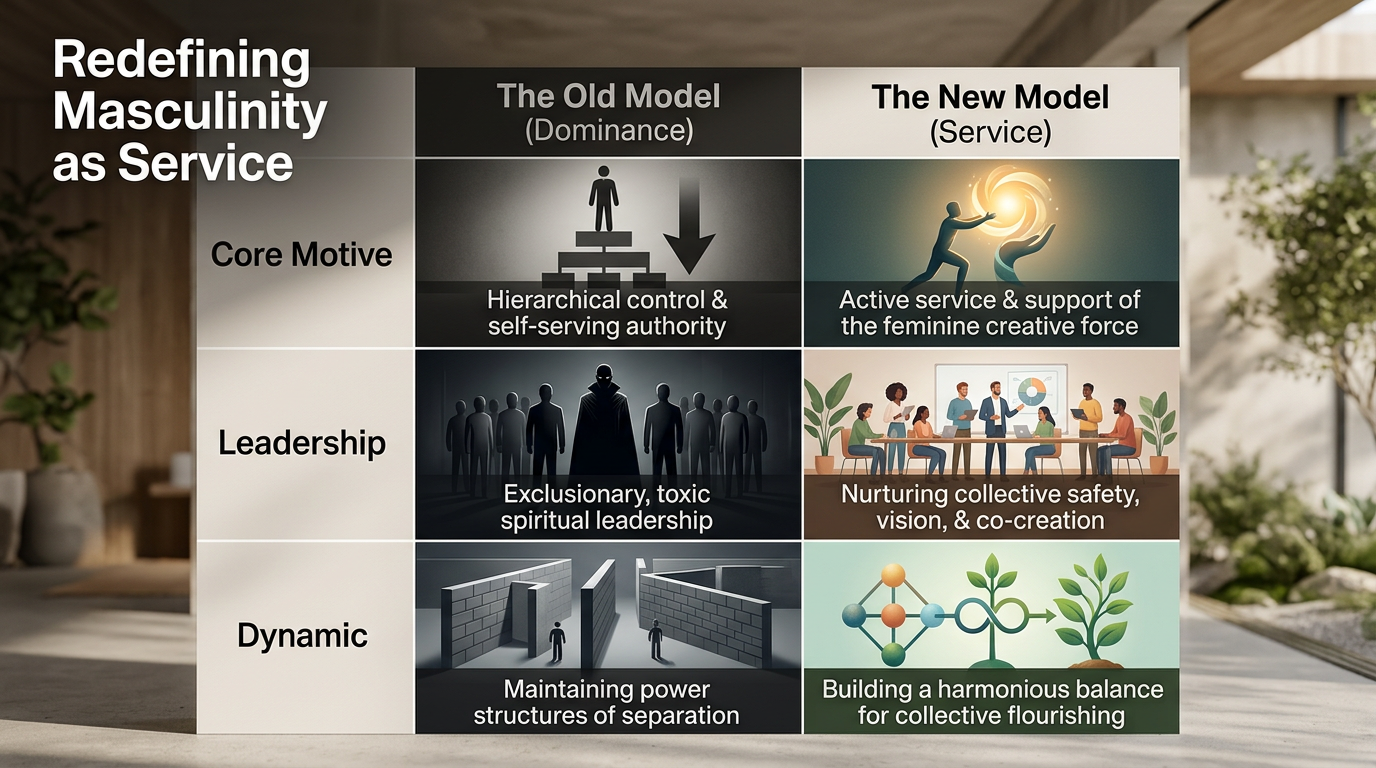 Slide 7 — Redefining Masculinity as Service: dominance versus service across role, leadership, and dynamic.