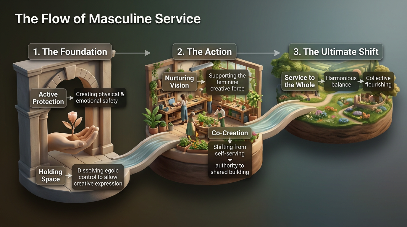 Slide 8 — The Flow of Masculine Service: from protecting the feminine creative force to collective flourishing.